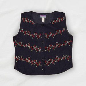 RARE Vintage 90s Women's Navy Floral Embroidered Wool Cotton Gilet Vest Top L